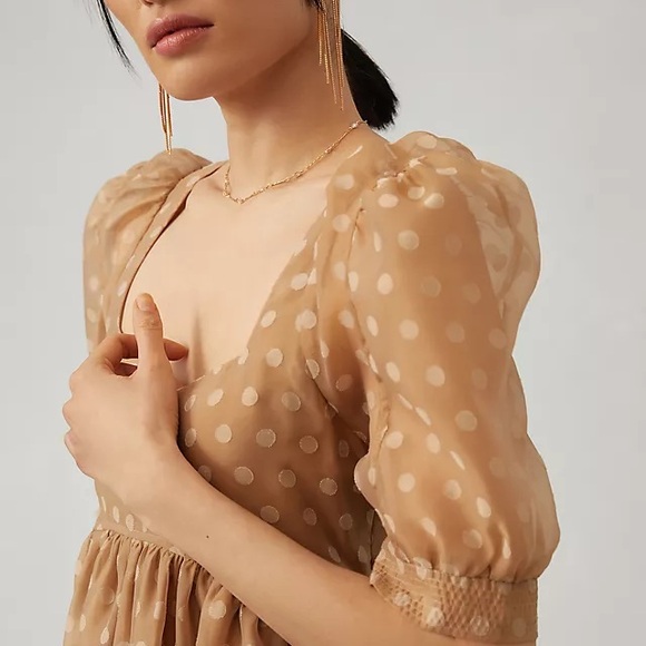 En Saison Meline Poplin Babydoll Dress in taupe with polka dots. Size Large - Picture 3 of 11